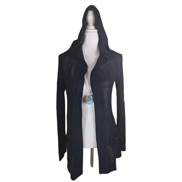 Talbots ~Woman Size S~ Navy Cardigan Crochet Hoodie Cotton Open Front Pockets. - Picture 9 of 9